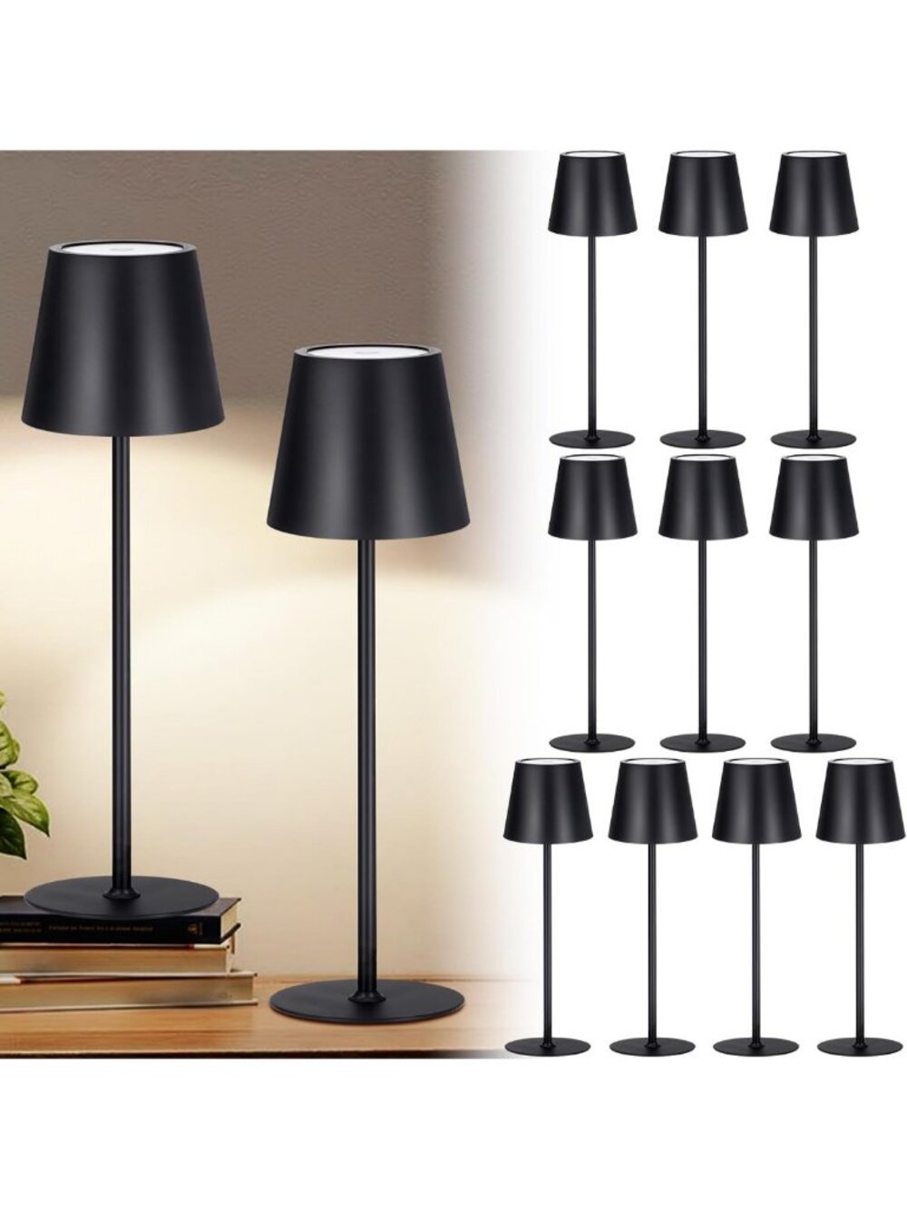 12 Pack Portable Rechargeable Cordless Table Lamps - Modern Black Lighting Set